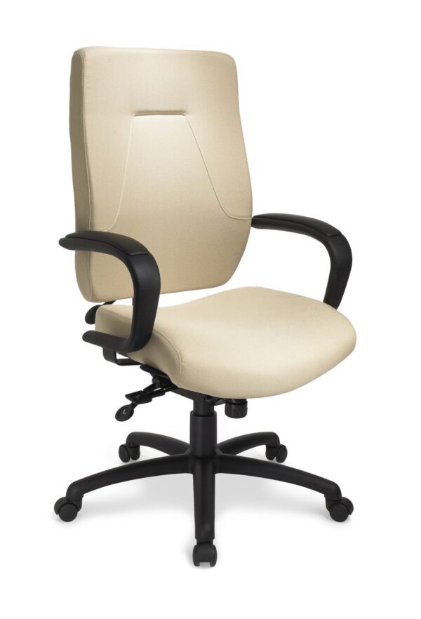 24Centric office chair from ergoCentric. White Leather. Equipped with 24 Hour Multi Tilt Mechanism, 4” Height Adjustable T-Arm, Black Base, Arms, and Casters.