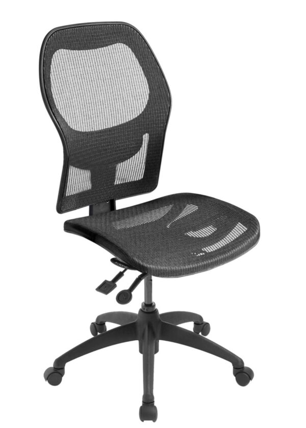 ecoCentric Mesh office chair from ergoCentric. Black with Mesh Backrest. Equipped with Multi Tilt Mechanism, 4” Height Adjustable T-Arm, Black Base, Arms, and Casters.