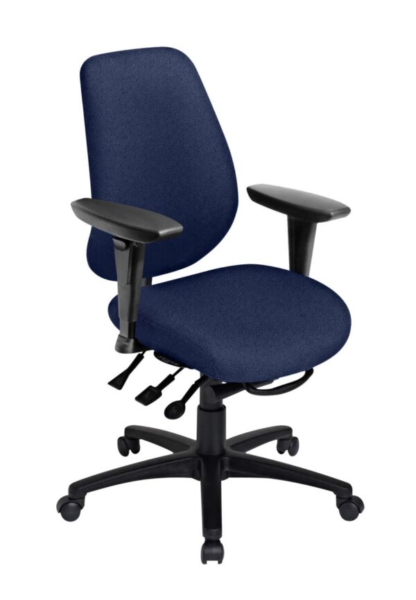Saffron Tall Back Ratchet office chair from ergoCentric. Black. Equipped with Multi Tilt Mechanism, 4” Height Adjustable Swivel Arms, Black Base, Arms and Casters.
