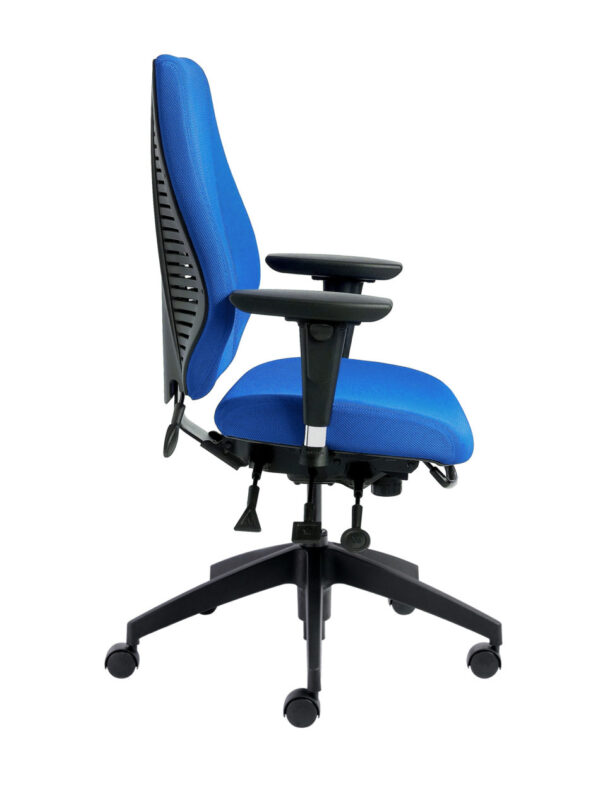 airCentric office chair from ergoCentric. Airknit Breathable Fabric. Equipped with Multi Tilt Mechanism, 4” Height Adjustable T-Arm, Black Base, Arms, and Casters.