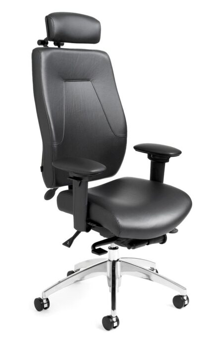 eCentric Executive office chair from ergoCentric. Black Leather. Equipped with Synchro Glide Mechanism, 4” Height Adjustable T-Arm, Black Base, Arms, Casters and Adjustable Headrest.