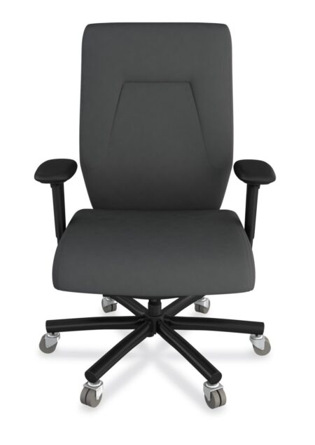 eCentric Executive Heavy Duty chair from ergoCentric. Grey. Equipped with Plus Size Multi Tilt Mechanism, Black Steel Base, Arms, and Dual Wheel Heavy Duty Casters.