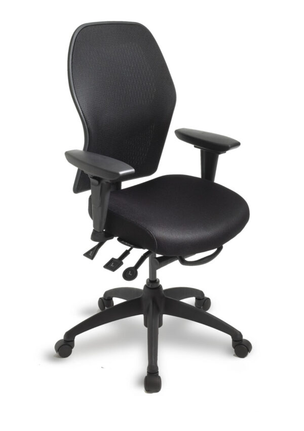 ecoCentric Mesh office chair from ergoCentric. Black with Mesh Backrest. Equipped with Multi Tilt Mechanism, 4” Height Adjustable T-Arm, Black Base, Arms, and Casters.