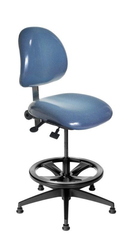 Ergo F Chair/Stool from ergoCentric. Blue. Equipped with Standard Mechanism, Black Base, Casters and Chrome Footring.