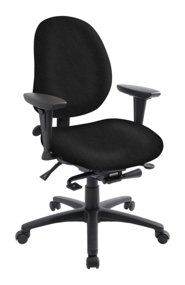geoCentric Mid Back office chair from ergoCentric. Beige. Equipped with Synchro Glide Mechanism, 3" Height Adjustable Oval Tube Adjustable T-Arms, Black Base, Arms, and Casters.