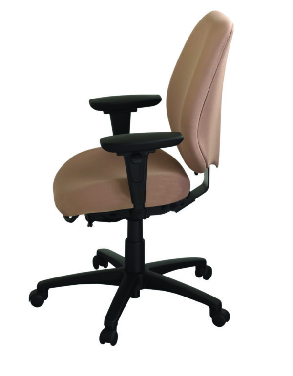 geoCentric Tall Back office chair from ergoCentric. Beige. Equipped with Multi Tilt Mechanism, Oval Tube Adjustable T-Arms, Black Base, Arms, and Casters.