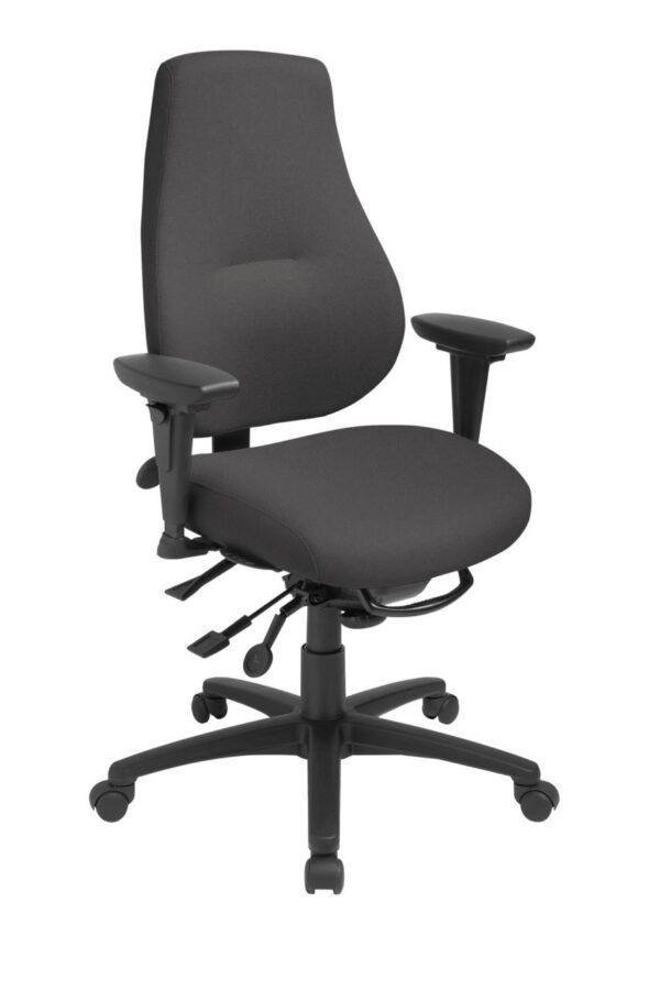 myCentric office chair from ergoCentric. Beige. Equipped with Multi Tilt Mechanism, 4” Height Adjustable T-Arm, Black Base, Arms, and Casters.